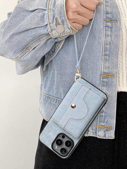 Denim-textured wristband card holder Apple phone case