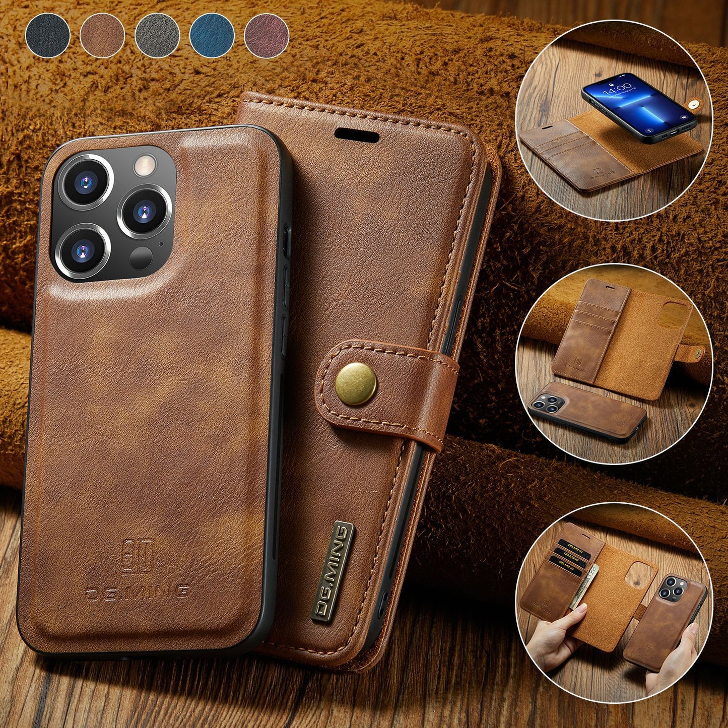2-in-1 wallet with strong magnetic detachable leather Apple phone case