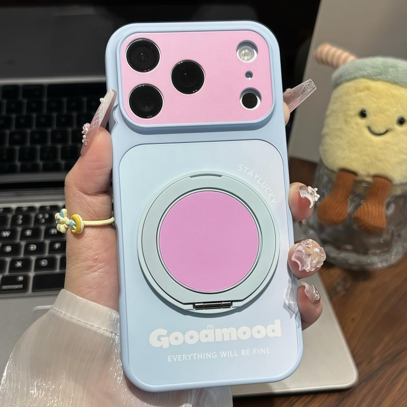 Candy-colored rotating round mirror stand Apple phone case