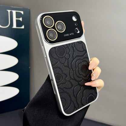 Camellia-patterned leather-textured large-window Apple phone case