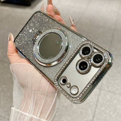 Glittered Rhinestone Makeup Mirror Magnetic Stand Apple Phone Case