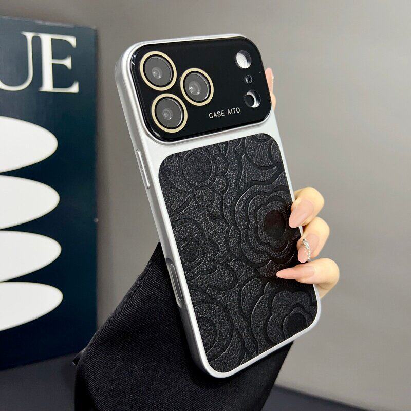 Camellia-patterned leather-textured large-window Apple phone case