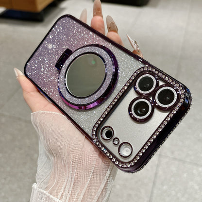 Glittered Rhinestone Makeup Mirror Magnetic Stand Apple Phone Case