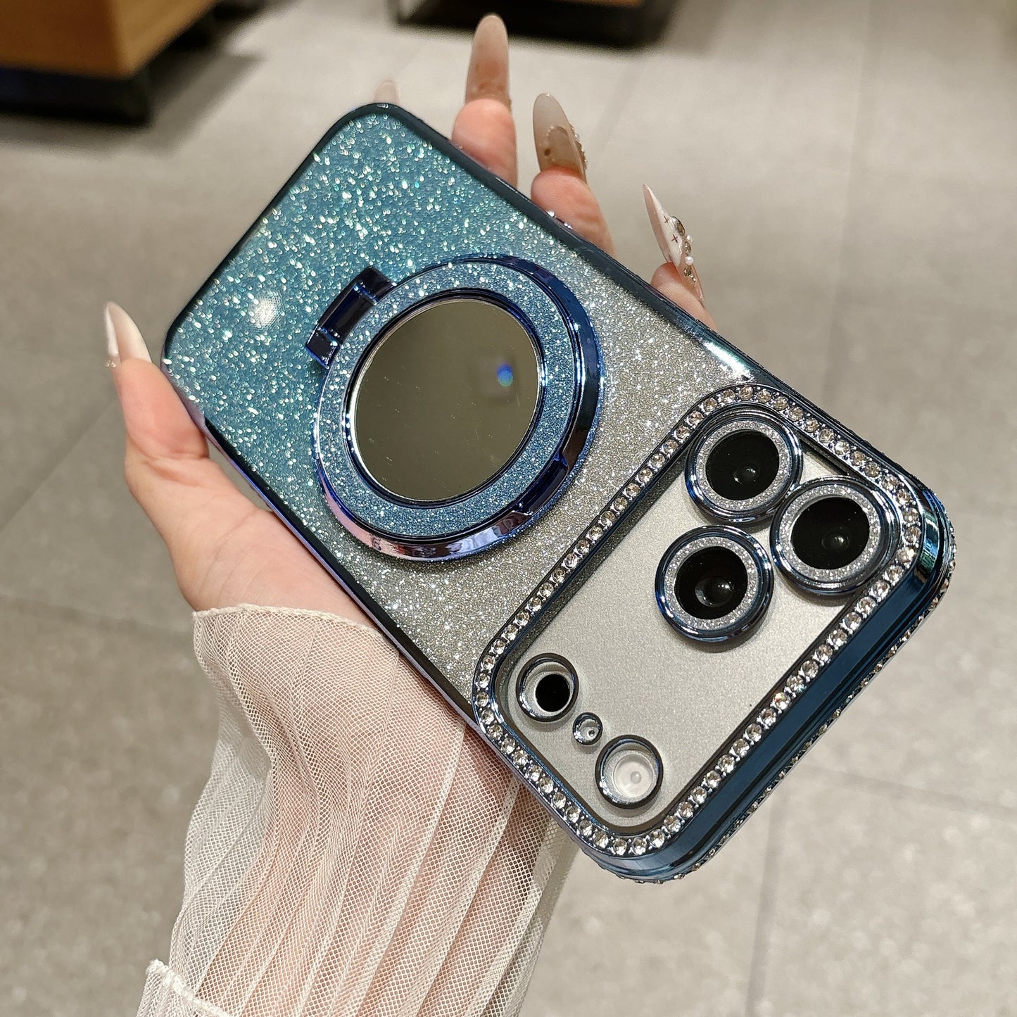Glittered Rhinestone Makeup Mirror Magnetic Stand Apple Phone Case