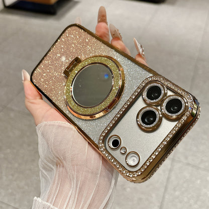 Glittered Rhinestone Makeup Mirror Magnetic Stand Apple Phone Case