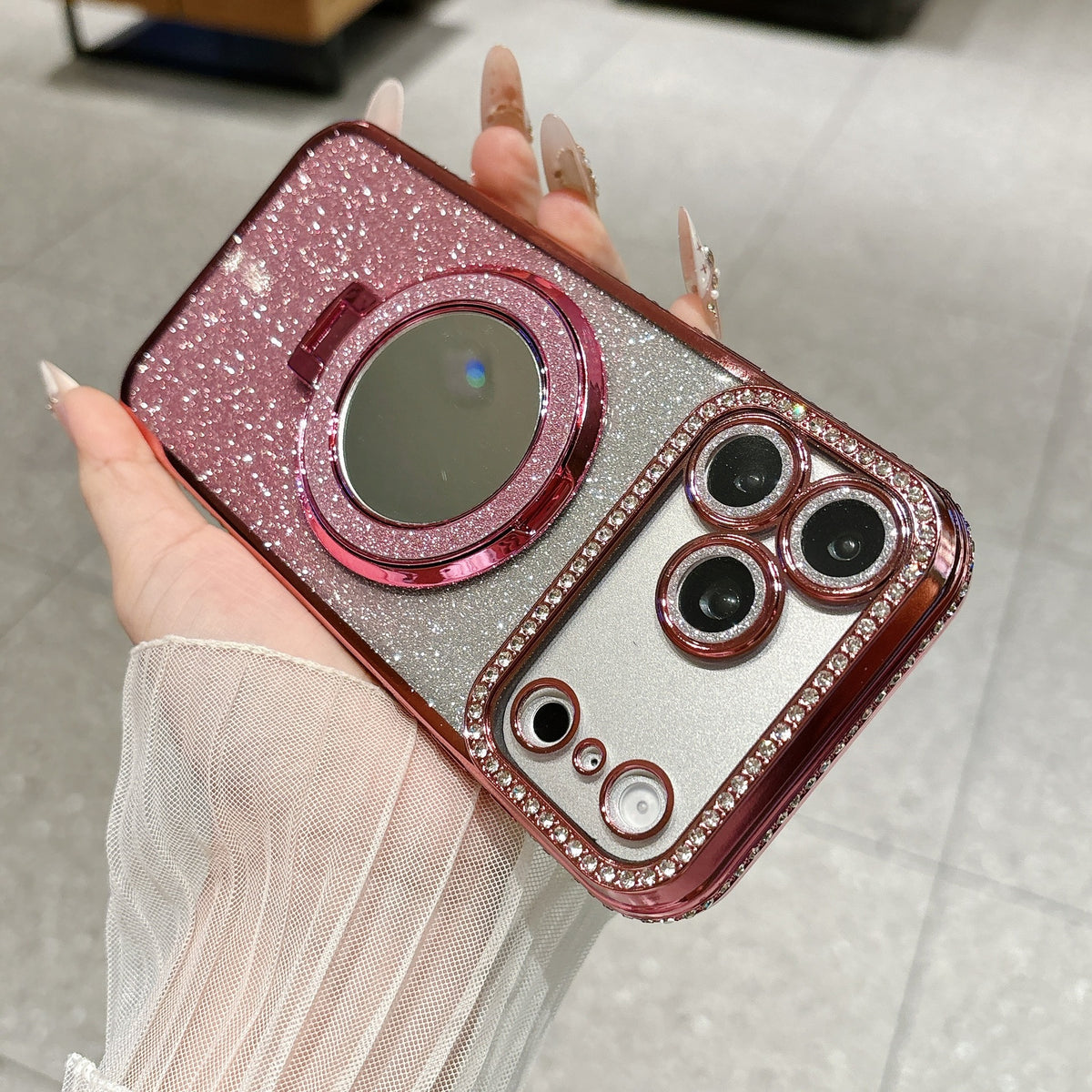 Glittered Rhinestone Makeup Mirror Magnetic Stand Apple Phone Case
